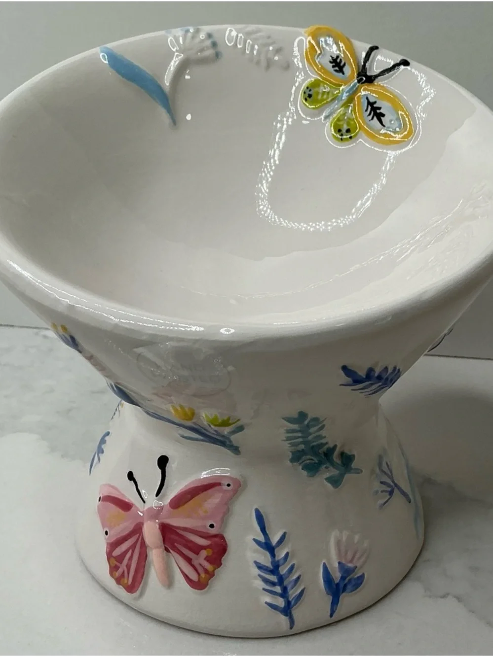 Mellow & Mod Pet Bowl Elevated and Tilted Small Ceramic FLORAL Dish New